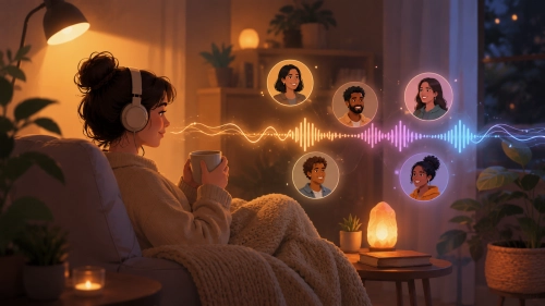 A cozy and calm illustration showing an introvert comfortably connecting online