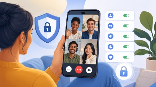 Safe video chat app illustration with privacy controls and friendly people