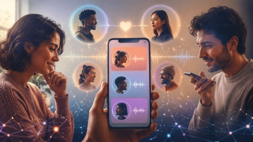AI matchmaking with voice profiles in a dating app illustration