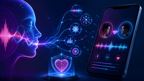 An abstract illustration of AI voice profiles transforming digital human connections