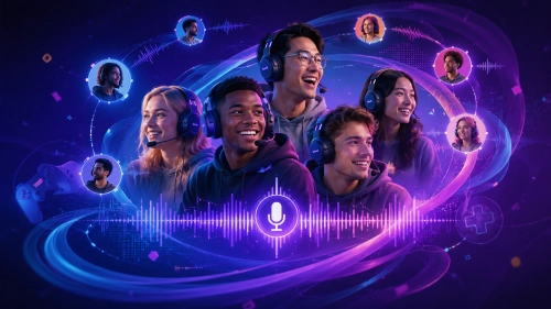 Gamers meeting friends through voice chat app illustration
