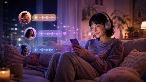 Introvert using a calm voice dating app at home