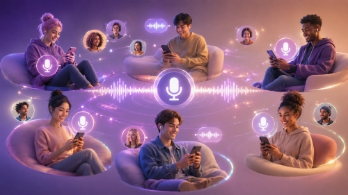 People joining voice chat rooms from phones in a friendly social app illustration