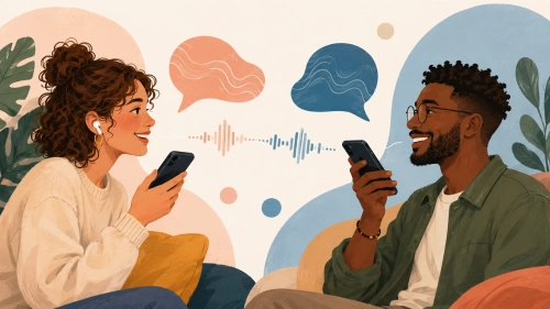 Friendly voice chat conversation starters shown as abstract bubbles
