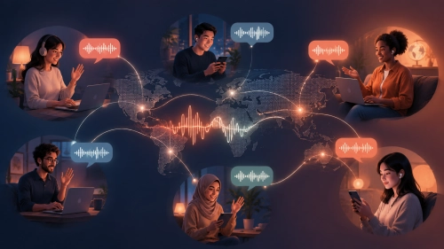 Editorial illustration showing people from different cultures practicing languages through connected audio channels