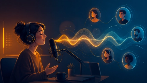 An editorial illustration of a creator hosting a live podcast session with real-time interactive audience participation