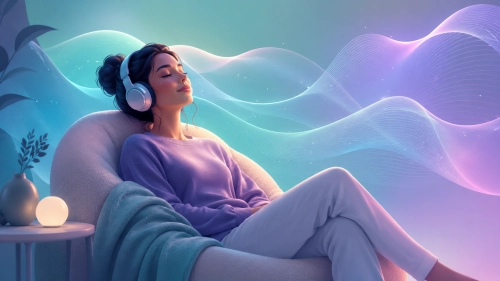 An editorial illustration depicting a relaxed person enjoying intentional audio connections surrounded by calm ambient soundwaves