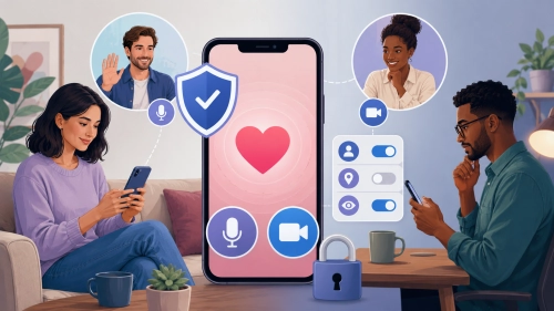 Online dating safety illustration with shield and voice video chat icons