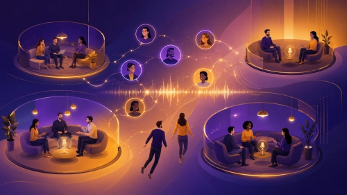 An editorial illustration showing conference attendees dropping into dynamic audio lounges for networking