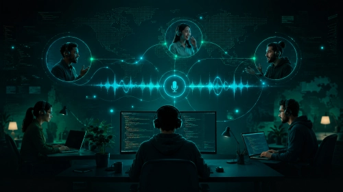 An editorial illustration of developers globally collaborating inside digital voice nodes surrounded by code blocks