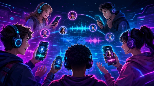 Gamers connecting in live high-quality voice chat channels illustration