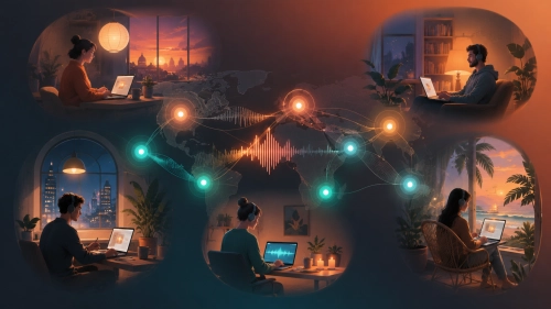 Modern illustration of distributed remote workers collaborating effortlessly through connected voice channels
