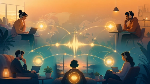 Modern illustration of distributed remote workers collaborating effortlessly through connected voice channels