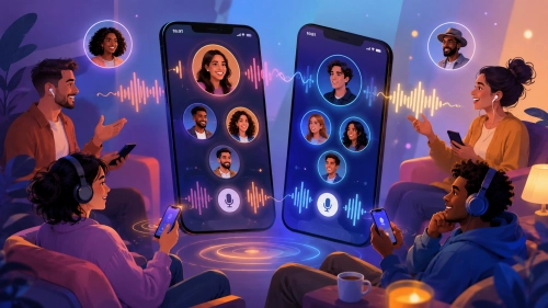 People interacting in live digital voice chat rooms illustration