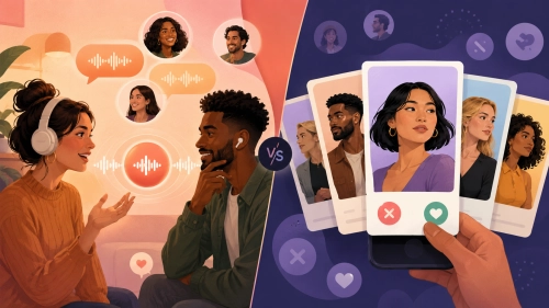 Split scene comparing voice dating and swipe dating on mobile phones