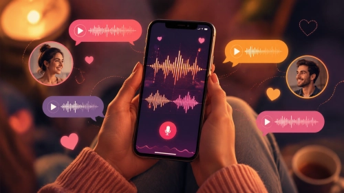 A modern smartphone displaying interactive voice note waveforms and friendly chat prompts
